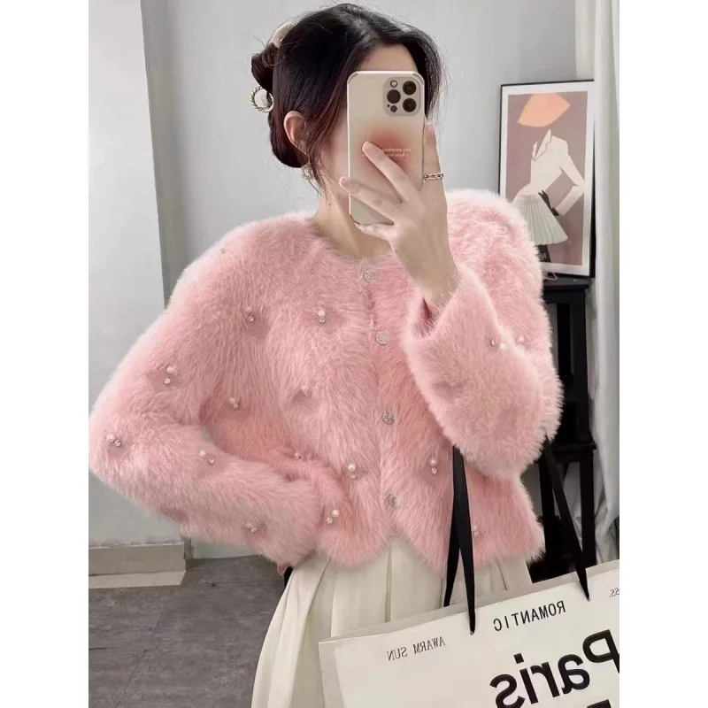 2024 Early New V-Neck Mink Fur Women's Spring And Autumn Sweater Knitted Short Jacket Cardigan Loose Soft Plush Top