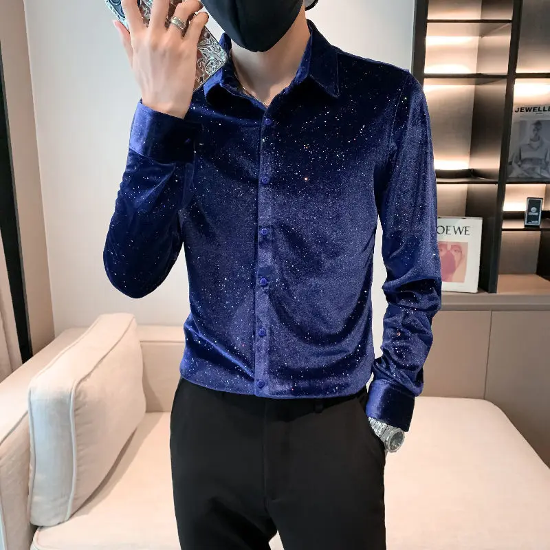 Fashionable Handsome Men's Shirt Internet Celebrity Star Velvet Slim Korean Long-sleeved Shirt Handsome Trendy