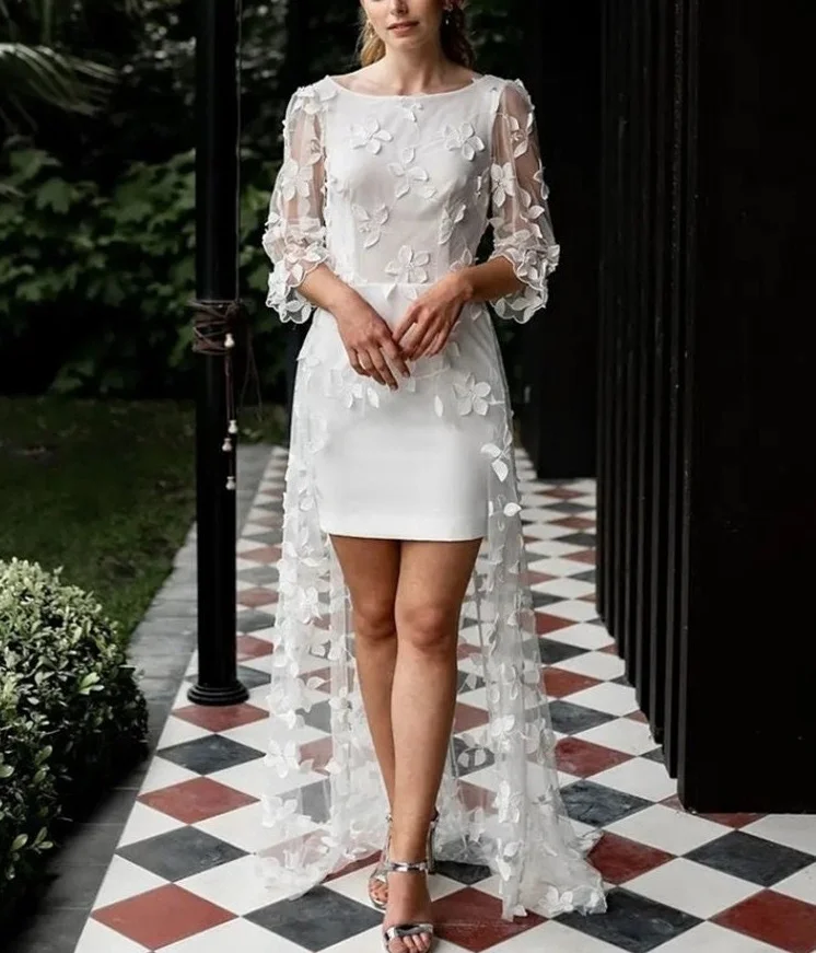 KOYOUN-vestido de novia de corte en A, prenda elegante con sobrefalda, cuello Barco, apliques, Mangas de tres cuartos, para fiesta nupcial, 2024