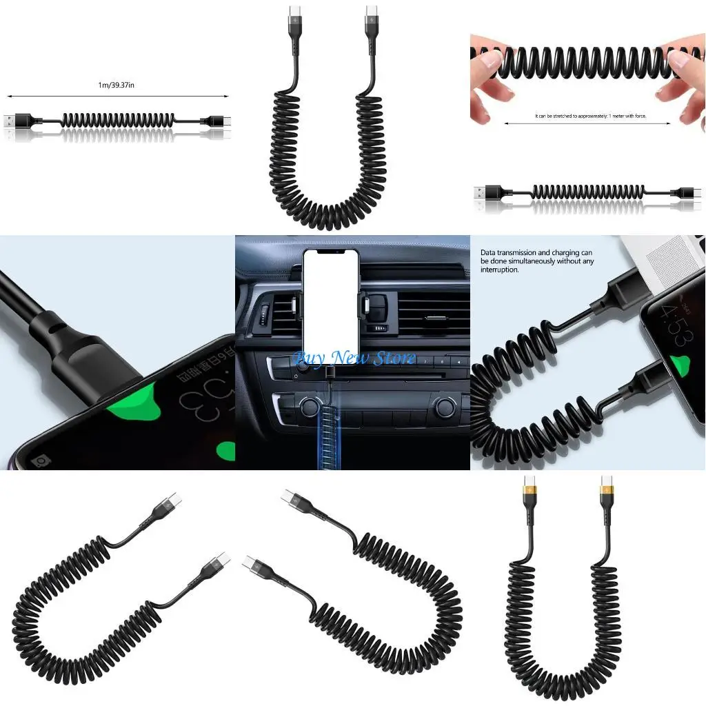 

20CE Two USB C Spring Chargers Cable 6A 120W Power Delivery Flexible TangleFree PVC Cord for Quick Charging Devices Computers