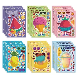 6/12Sheets Summer Color Make-a-Face Puzzle Stickers Kids Create Your Own Strawberry Drink Ice Cream DIY Assemble Jigsaw Toy Gift