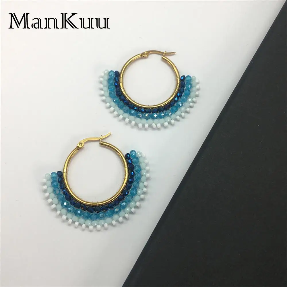Mankuu New In Fashion Jewelry Long Blue Eardrop Hand Woven 2mm Colorful Beads And Crystal Handmake Earrings For Women 2022