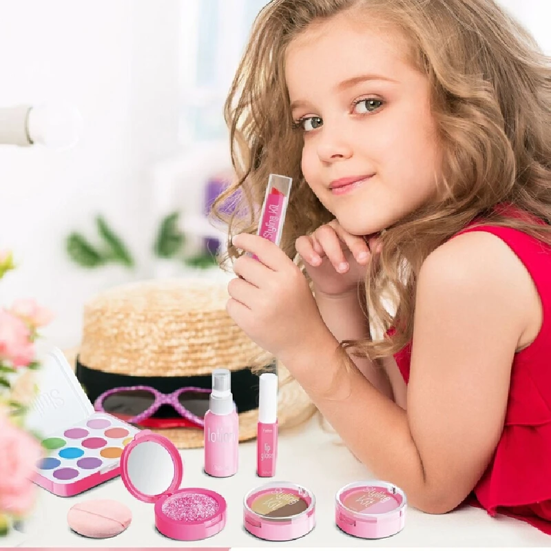 Casa de juego para niños, juguetes de maquillaje simulados, juego de maquillaje para niñas, herramienta de maquillaje que no puede aplicar con caja de almacenamiento