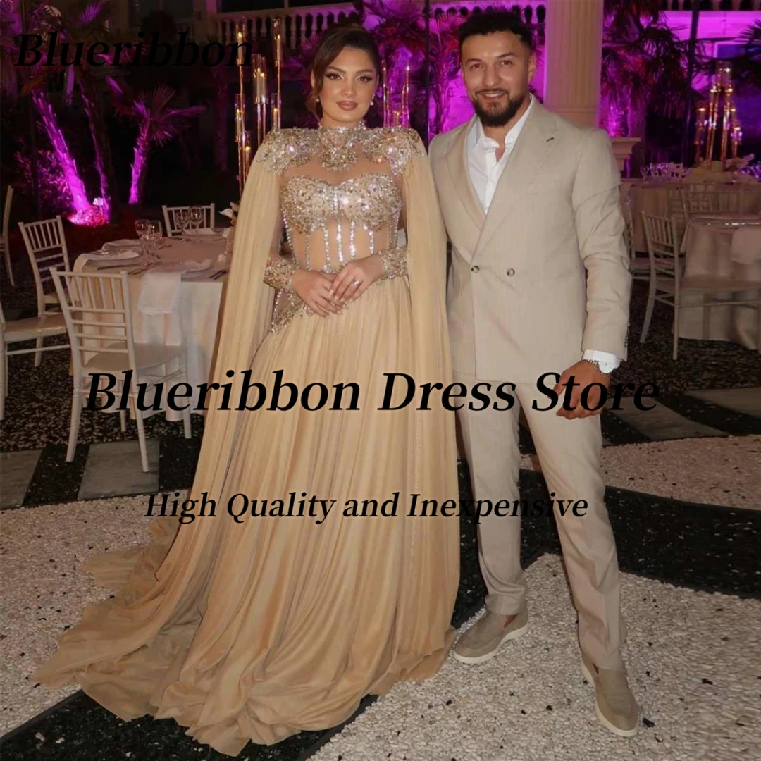 Blueribbon Dubai Women Prom Dresses High Collar Beaded Applique Evening Party Dress A Line Special Occasion Gowns Customized