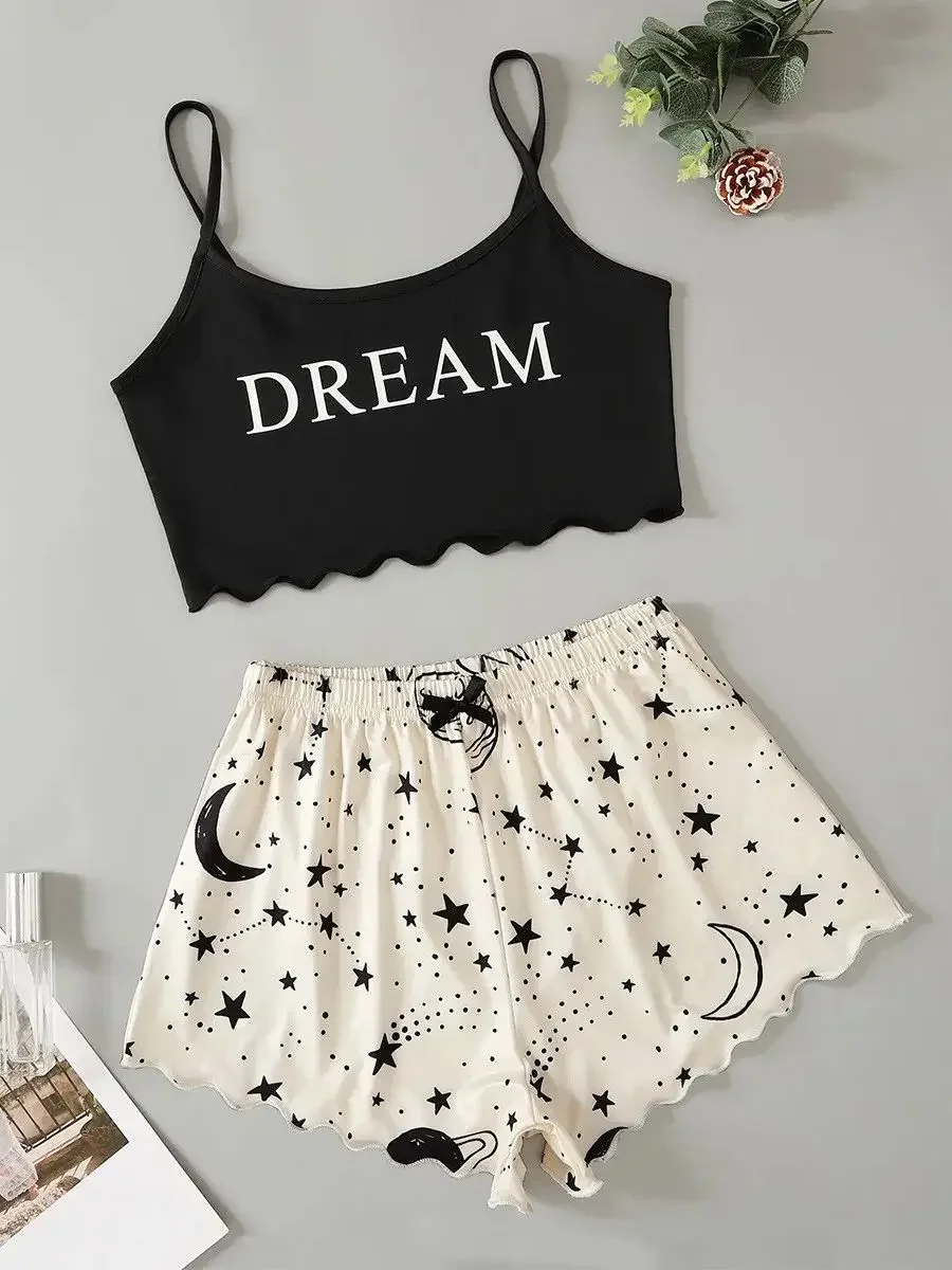 Conjunto de pijama con estampado de letras y estrellas y Luna para mujer, lencería Sexy, Tops cortos sin mangas con pantalones cortos, traje de