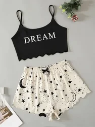 Conjunto de pijama con estampado de letras y estrellas y Luna para mujer, lencería Sexy, Tops cortos sin mangas con pantalones cortos, traje de dormir, verano