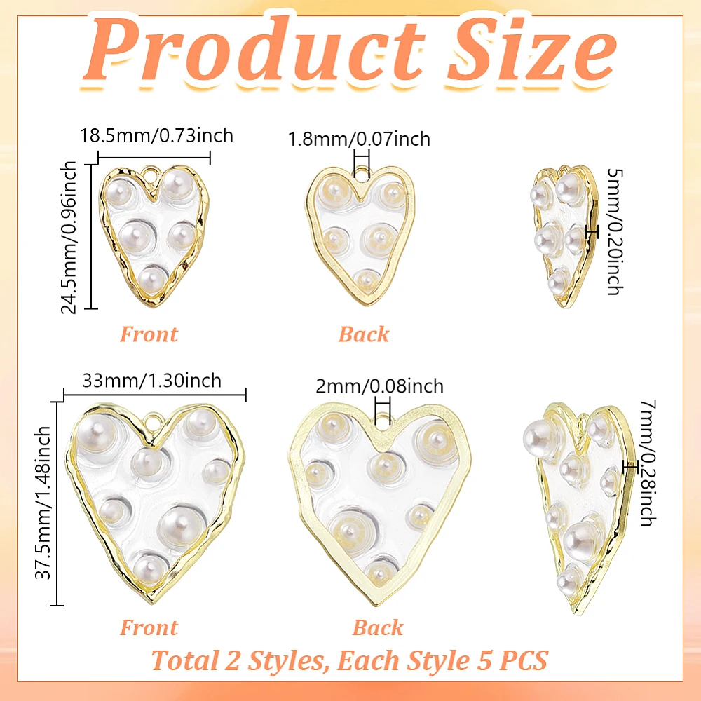 10Pcs Gold Filled Clear Enamel Heart Pearl Charms Light Gold Edge Plated Pendants Pearl Love Embellishments for Jewellery Making