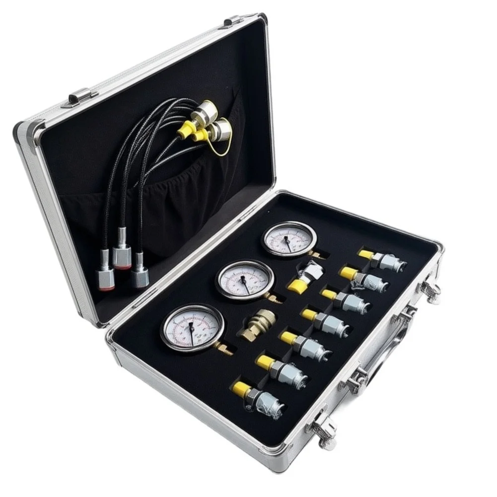 Hydraulic Test Kit for Heavy Equipment Including Excavators Compressors and Hydraulic Presses with 3 Gauges and 9 Fittings