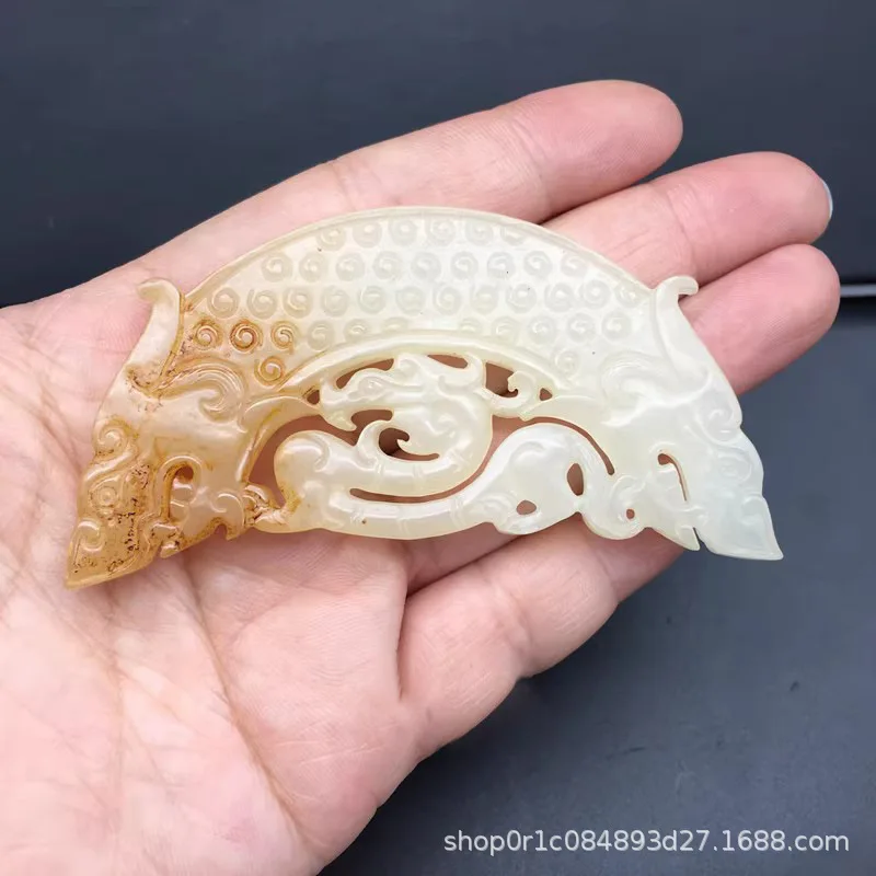 Natural White Jade Pendant with Dragon Design, Semi-Circular Tadpole Pattern Carved Jade Waist Pendant