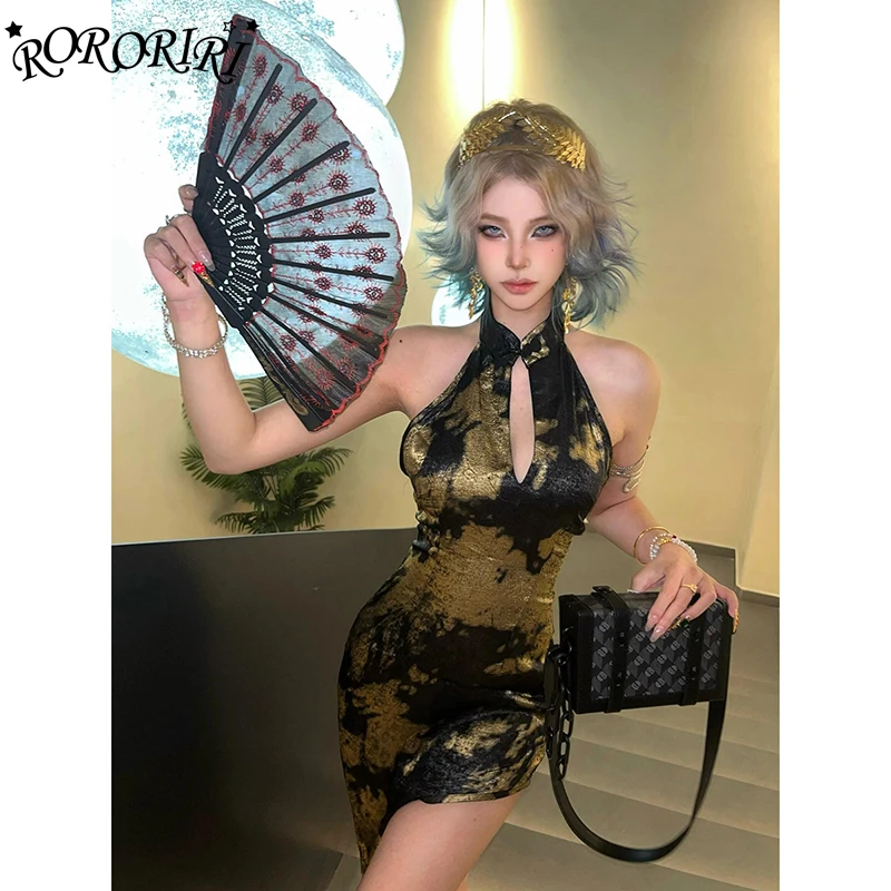 Rororiri Asymmetrische Neo-Chinese Cheongsam Vrouwen Opstaande Kraag Met Veters Uitgesneden Rugloze Halter Mini Bodycon Zomer Vintage Kleding