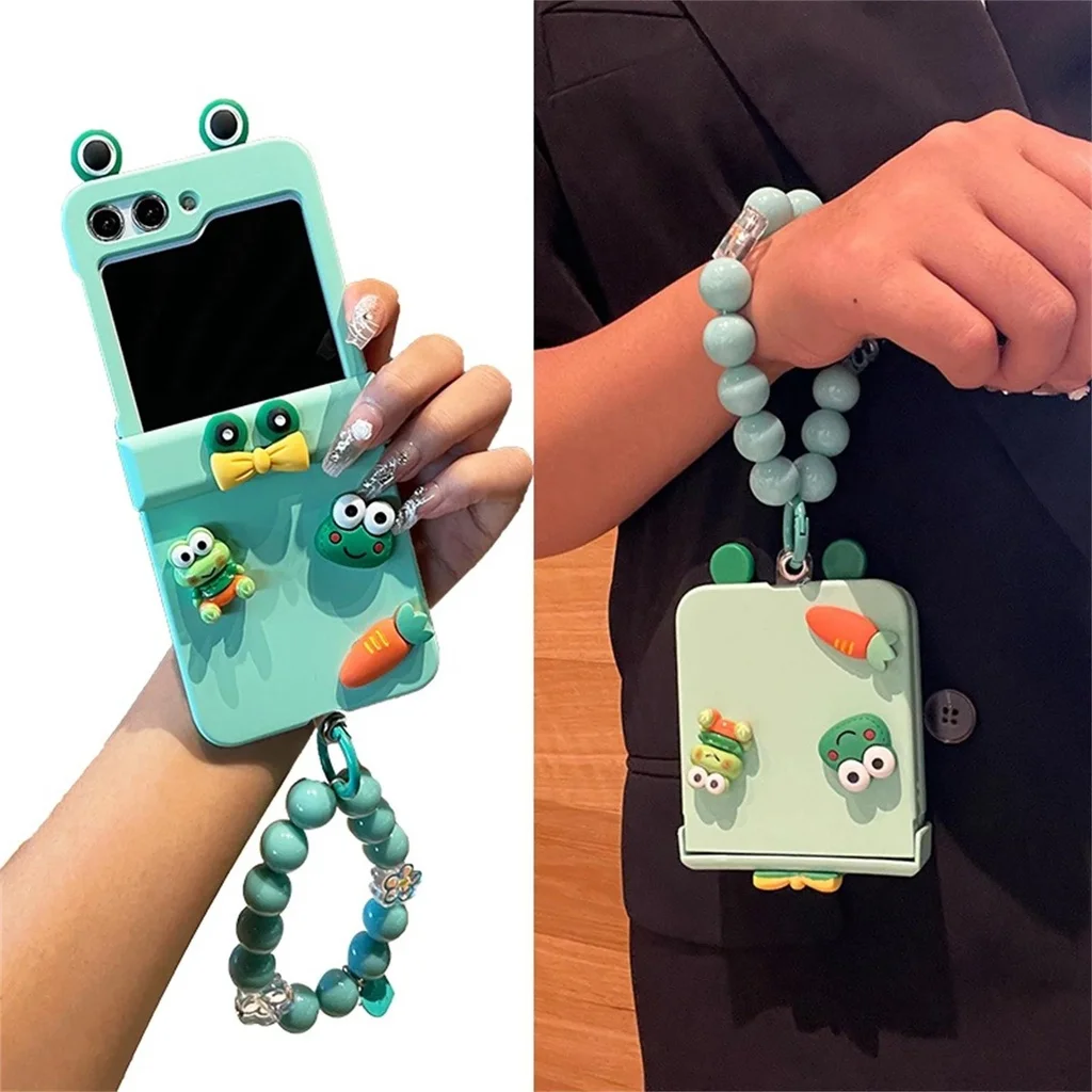 Luxury Kawaii Bow Frog Carrot Flower Beads Bracelet Green Case For Samsung Galaxy Z Flip 6 5 4 3 5G Flip4 ZFlip5 Hinge Cover