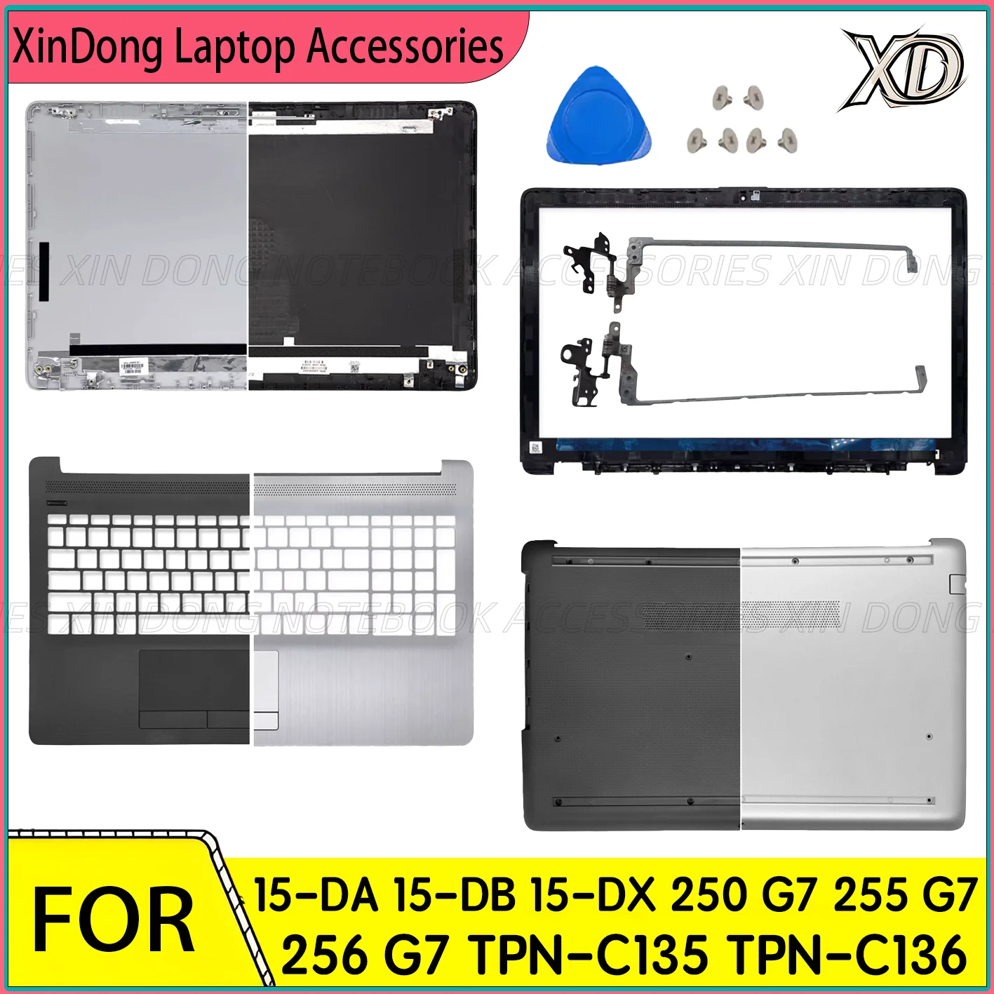 

Чехол для ноутбука 15-DA/DB 15G-DX 250 G7 TPN-C135/C136, черная, серебристая задняя крышка ЖК-дисплея/передняя панель/подставка для рук/нижняя часть корпуса/петли