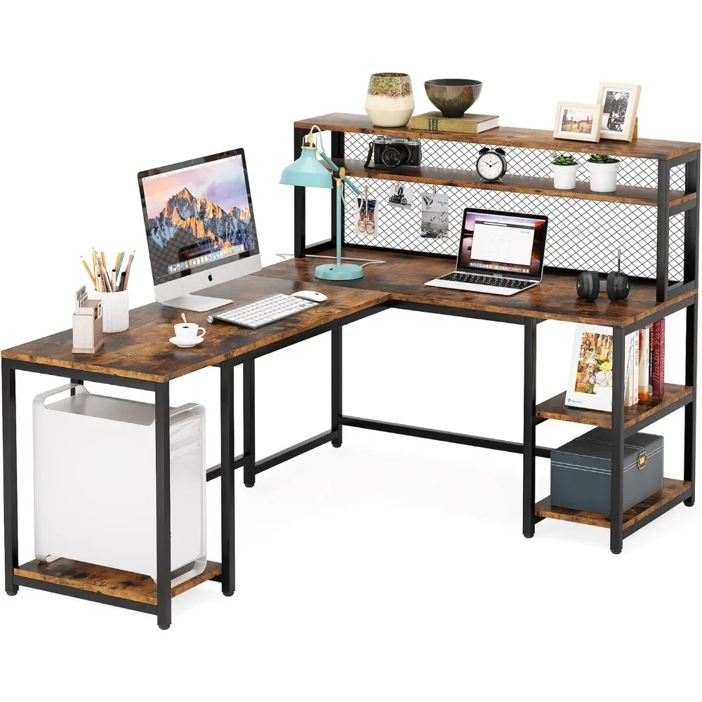 Mesa em forma de L com Hutch, Computador Industrial Canto Desk, prateleiras de armazenamento, Estudo Grande Escrita Tabela, Workstation, 67"