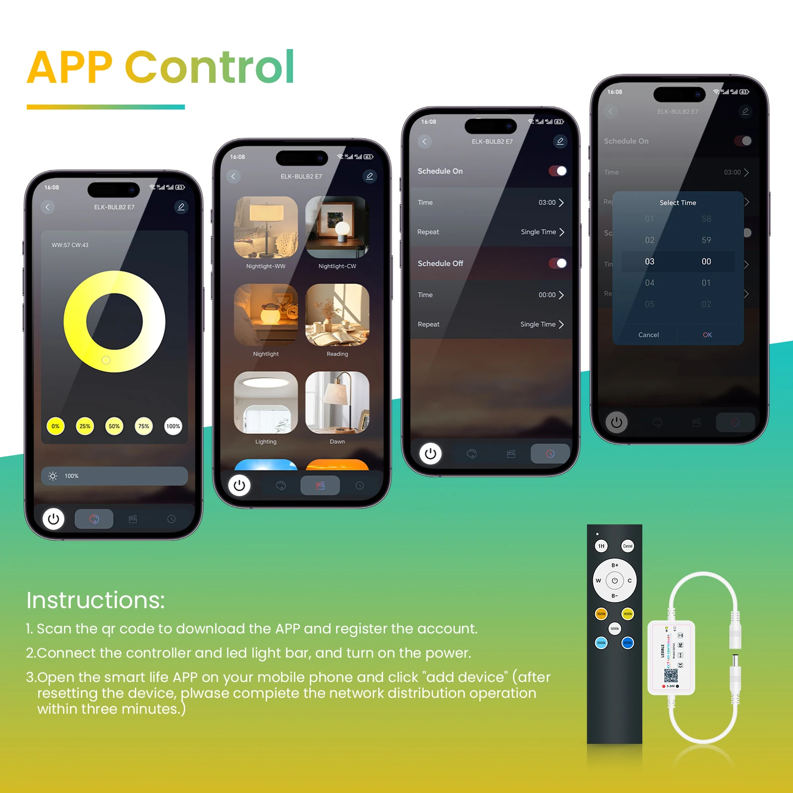 تيار مستمر 24 فولت CCT COB LED مجموعة الشريط مع محول الطاقة 17 مفتاح RF/بلوتوث APP التحكم شريط مرن ضوء 2700K 3000K 4000K 6000K