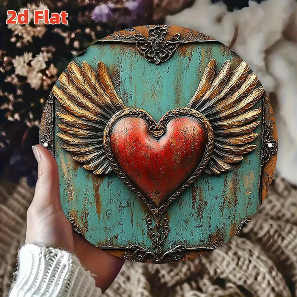 KINSPORY 2D Angel Wings Heart Wall Art, Romantic Metal Sign with Red & Gold, Durable Indoor Outdoor Hanging Decor for Bedroom We