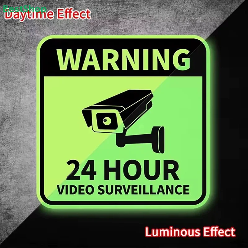 ♥Waterproof Glow-in-the-Dark Warning Sticker, 24 Hour Video Surveillance Decal for Car, Home, Office & Security Protection