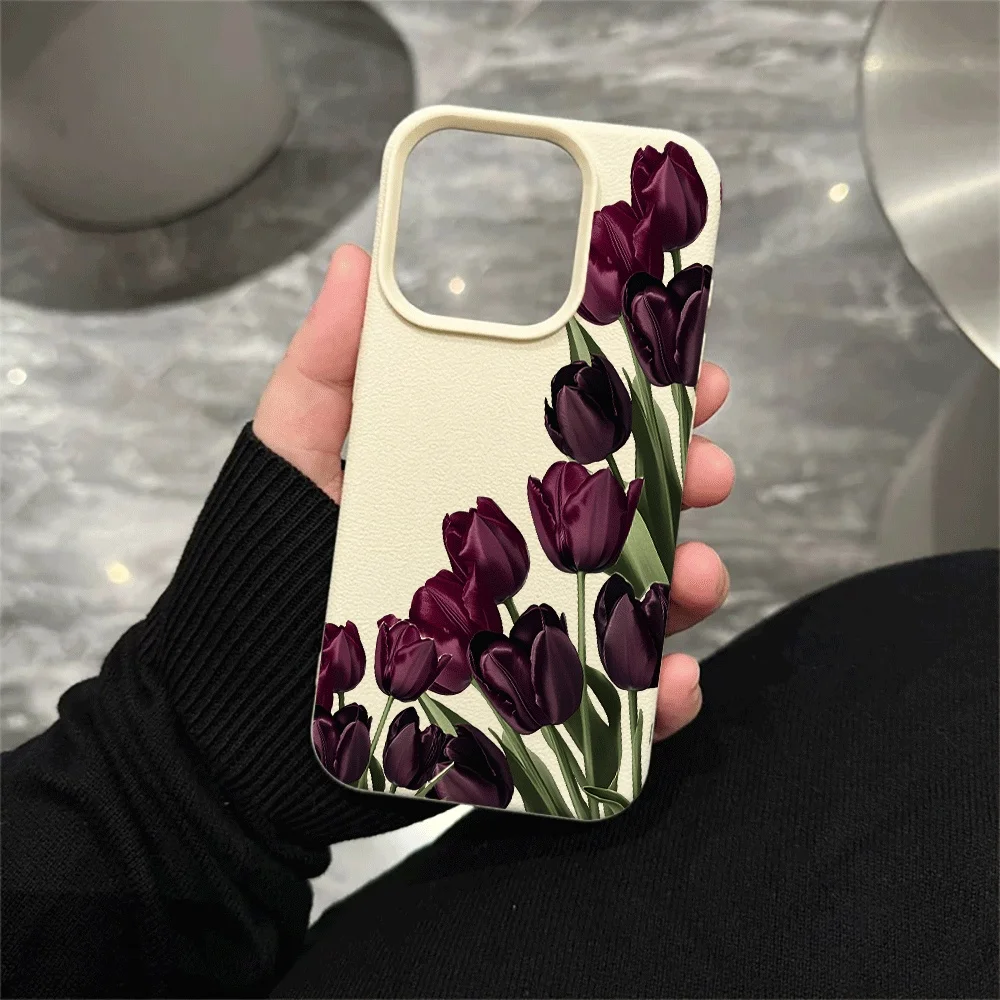 Dunkelviolette Tulpen-Handyhülle für iPhone 17 16 15 14 13 12 11 Pro Max 16 15 14 Plus 17 16 15 Pro 17Air XR XS Silikon-Matt-Abdeckung – Detail 5