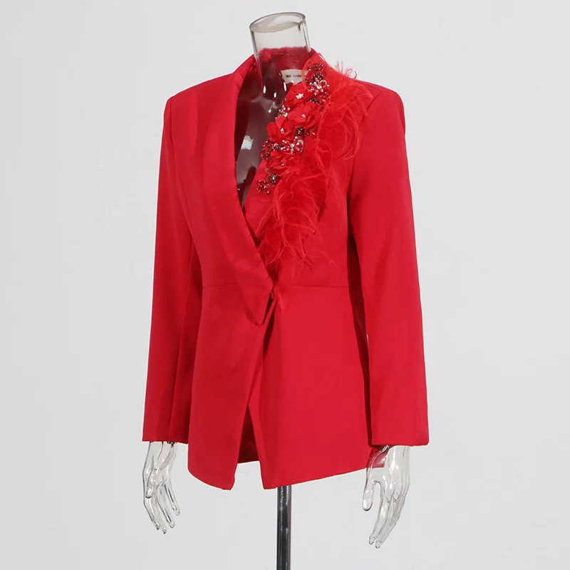 Female Elegant 2024 Winter New Fashion High-end Diamond Splicing Feathers Tailored Coat Women's Commuter Fashion Suit Jackets