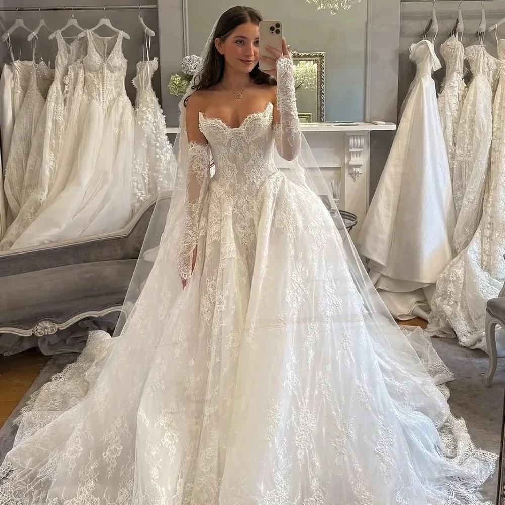 Customized Elegant Lace Wedding Dress Sweetheart Corset Lace Up Detachable long sleeves Bohemian Bridal Gowns Vestidos De Novia