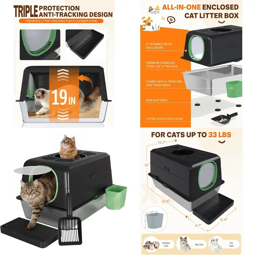 

Большой металлический лоток для кошек с высокими бортиками и верхним входом, закрытая конструкция, в комплекте совок и контейнер для мусора, черный