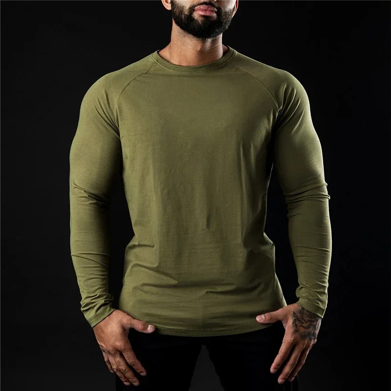 T-shirt Casual da uomo T-shirt a maniche lunghe in cotone palestra Fitness Bodybuilding allenamento T-shirt Soild abbigliamento maschile di marca di