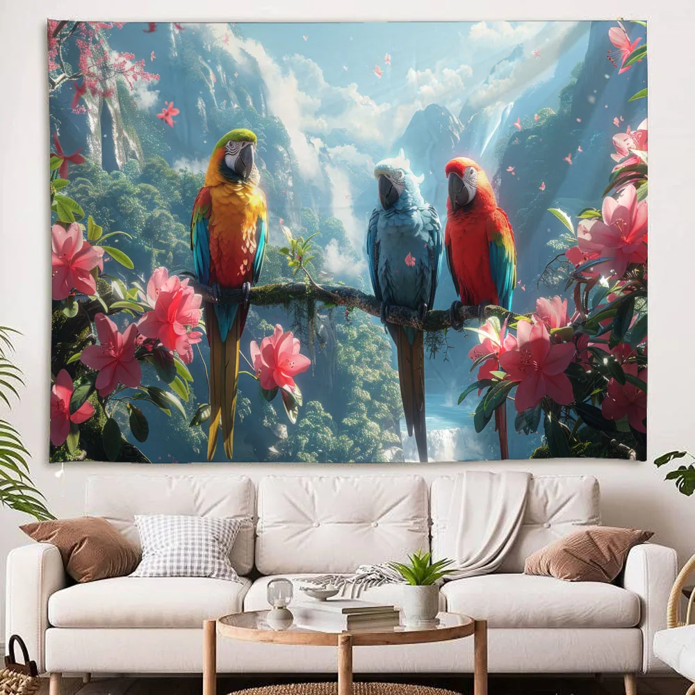 Tropical Rainforest Tapestry with Macaw Waterfall Jungle Flowers Wall Hanging Decorative Cloth for Bedroom Living Room Backgroun