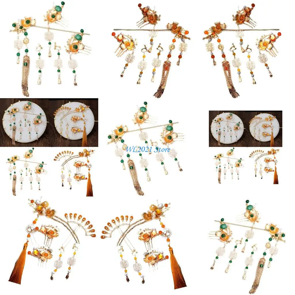 

G5GC Traditional Chinese Hairpin Set With Tassels Detail Hair Accessories Handmade Alloy Hair Collection For Women