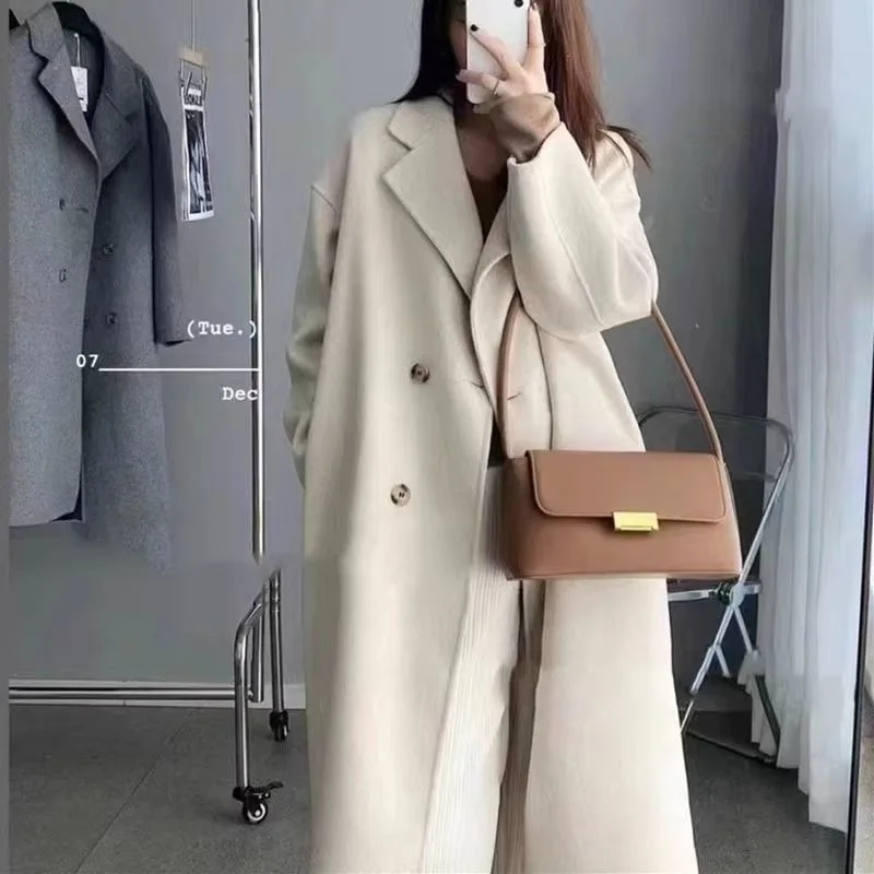 

2025 Autumn Winter Women's Mid-Length Over-Knee Woolen Coat Long Sve Pure Color High-End Feeling Small Size Coat Jaet