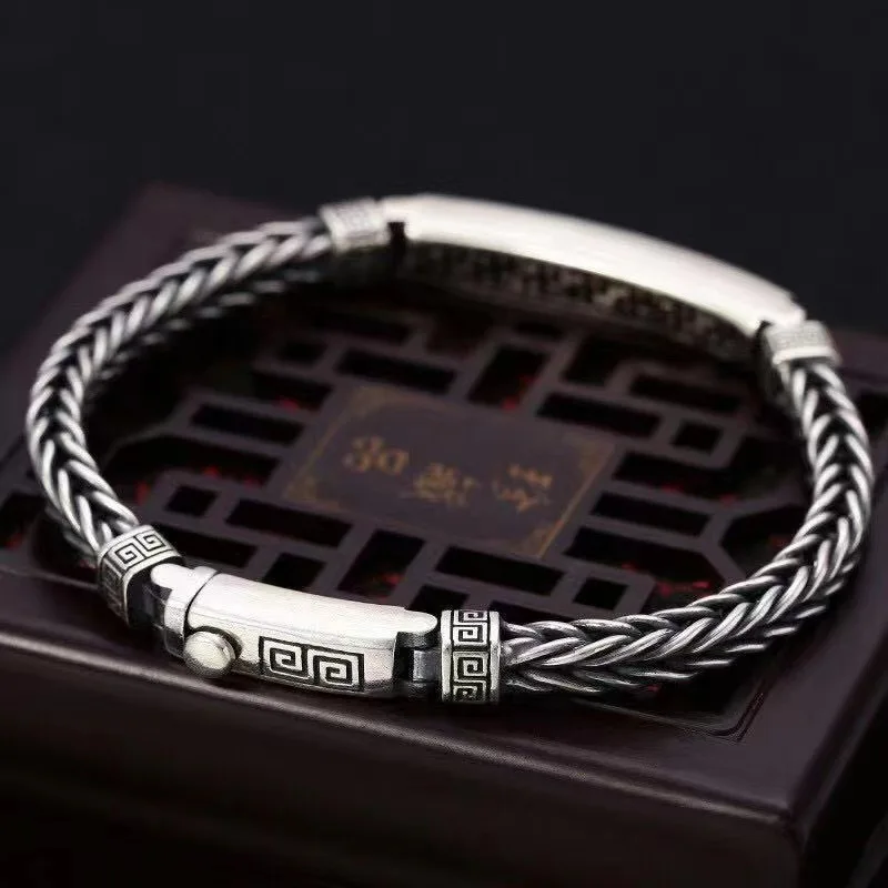 New Silver Color Hemp Rope Keel Men 4mm Bracelet Silver Tide Fashion All-Match Casual Retro Handmade Chinese Style Jewelry