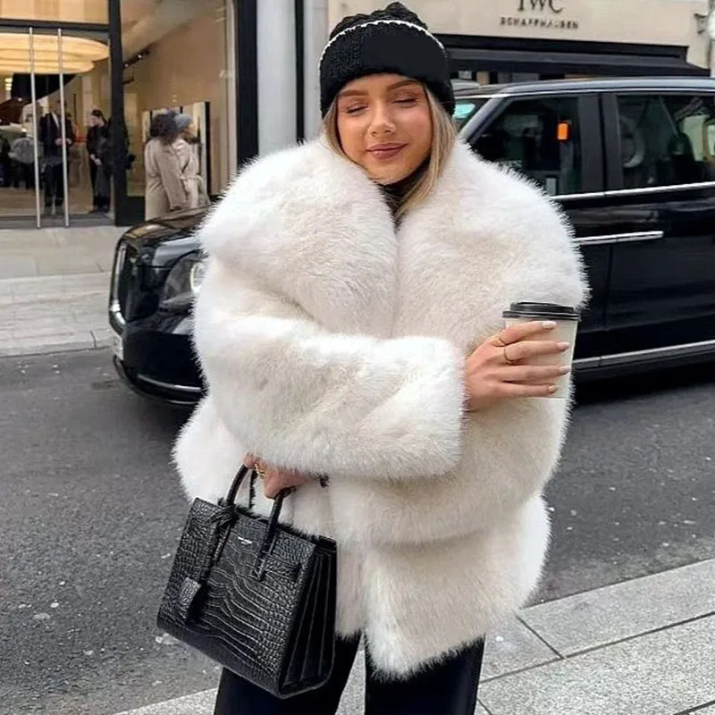 

Woman Autumn Winter Faux Fur Coat Plush Fluffy Women's Jacket Lady Outerwear Warm Gray Black White Wool Blends Coats Loose Trend