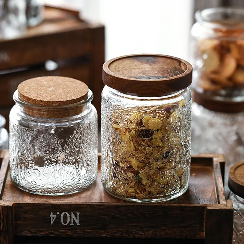 Glass Jars Retro Styles Glass Seal Jars Bamboo Lids Food Candy Tea Storage Containers Honey Pot Nordic Relief Spice Jar Bottles