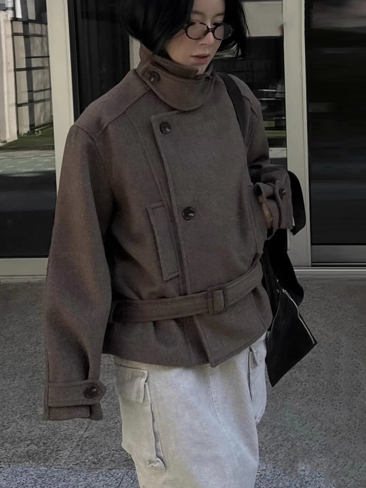 

Women's Retro Winter Woolen Coat Stand Collar Asymmetrical Button Binding Long Sve Korean Sle Loose Fit Pure Color