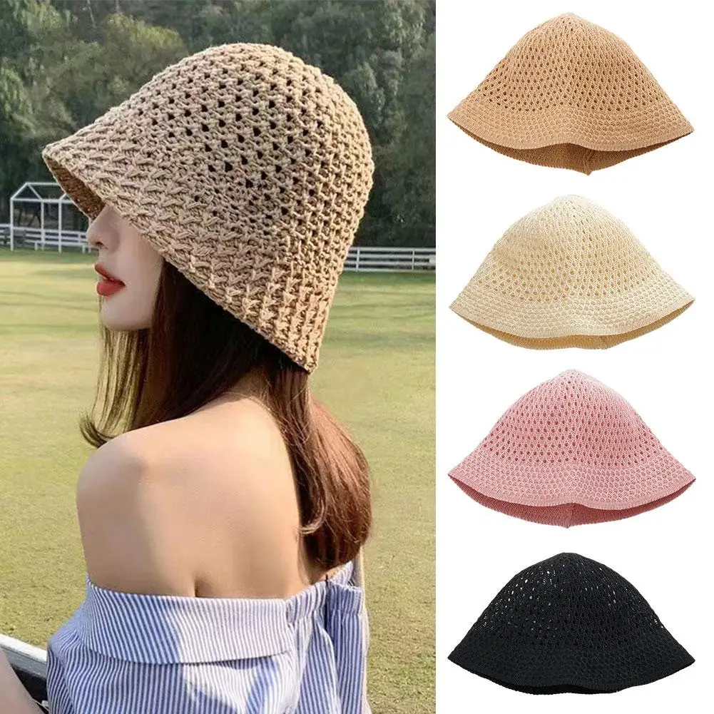 Sommer Atmungsaktive Hohl Gestrickte Mode Fischer Hut für Frauen Durchlässigkeit Häkeln Retro Panama Eimer Sonnenhüte Hohl Hut