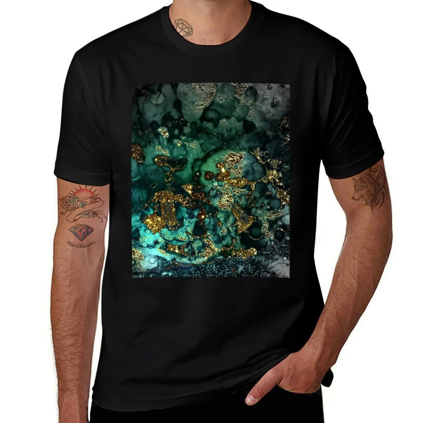 Gold Indigo Faux Malachite Marble T-Shirt Plus Size Simple Casual Top T-Shirt