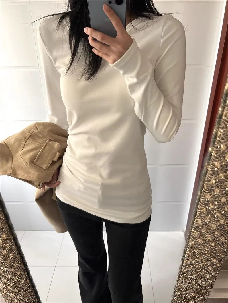 Soft White Loose Long Sve Women's T-irt High Collar Base Layer irt Korean Sle Versatile Mid-Length Top