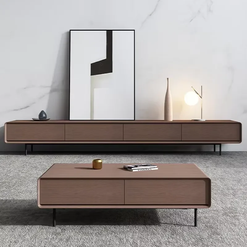 Simple Elegant Suspended Solid Wood TV Cabinet Coffee Table Combination Wood Color Wall Hanging Cabinet Modern Walnut TV