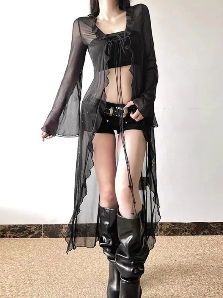 

Y2k See Through Mesh Cardigan Top Long Sleeve Thin Coat Women Summer New V-neck Lace Up Slim Fit Blouses
