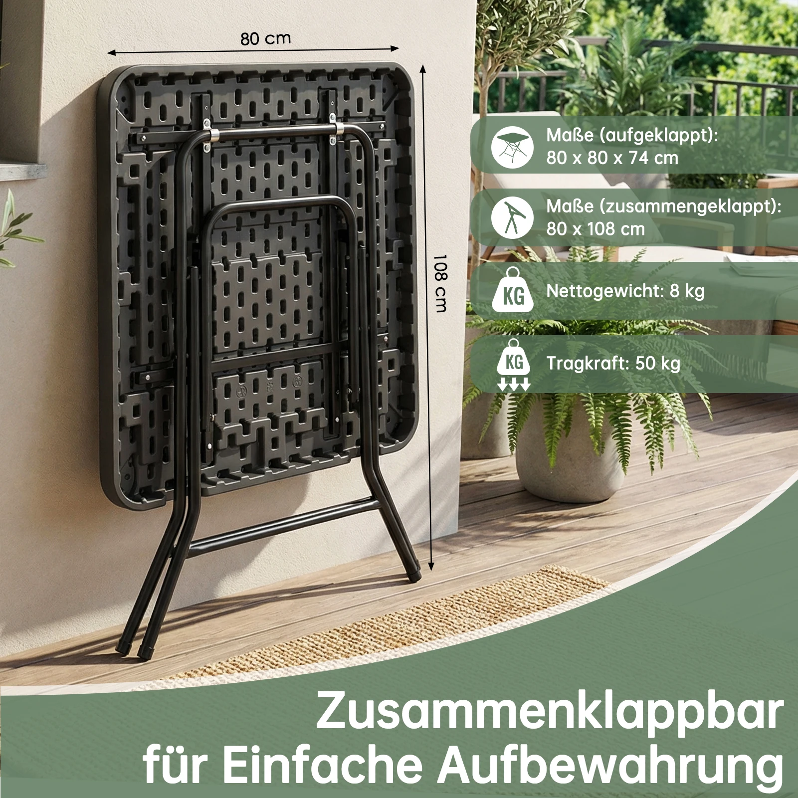Wasserdichter Gartentisch, Klapptisch 80 x 80 x 74 cm, Balkontisch mit Stahlrahmen, verdicktes HDPE, für Party-Küche, Wohnzimmer – Detail 14