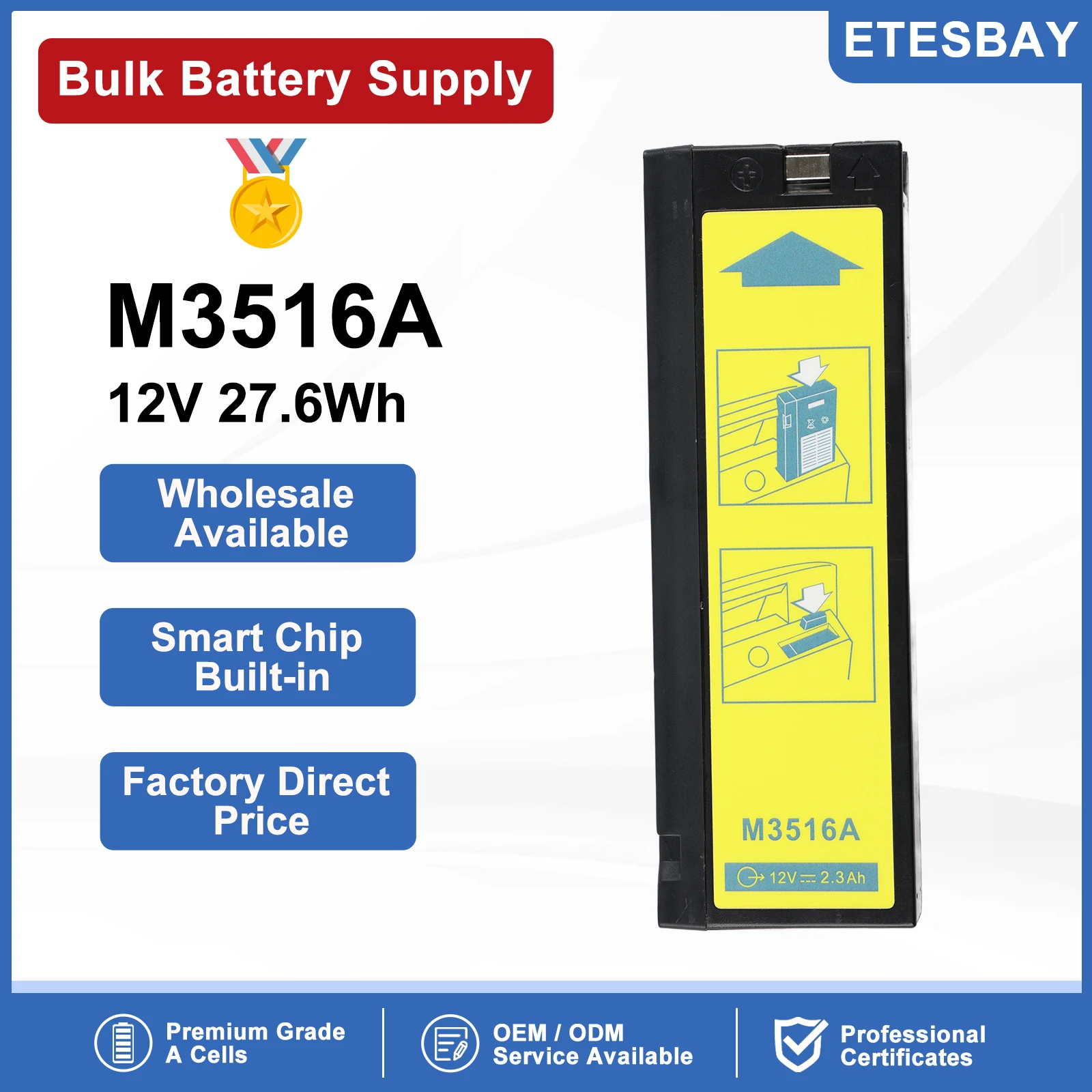 ETESBAY M3516A Defibrillator Monitor Battery For Heartstart XL M4735A Defibrillator  LCT-1912ANK LC-T121R8PG 12V 2.3Ah/27.6WH