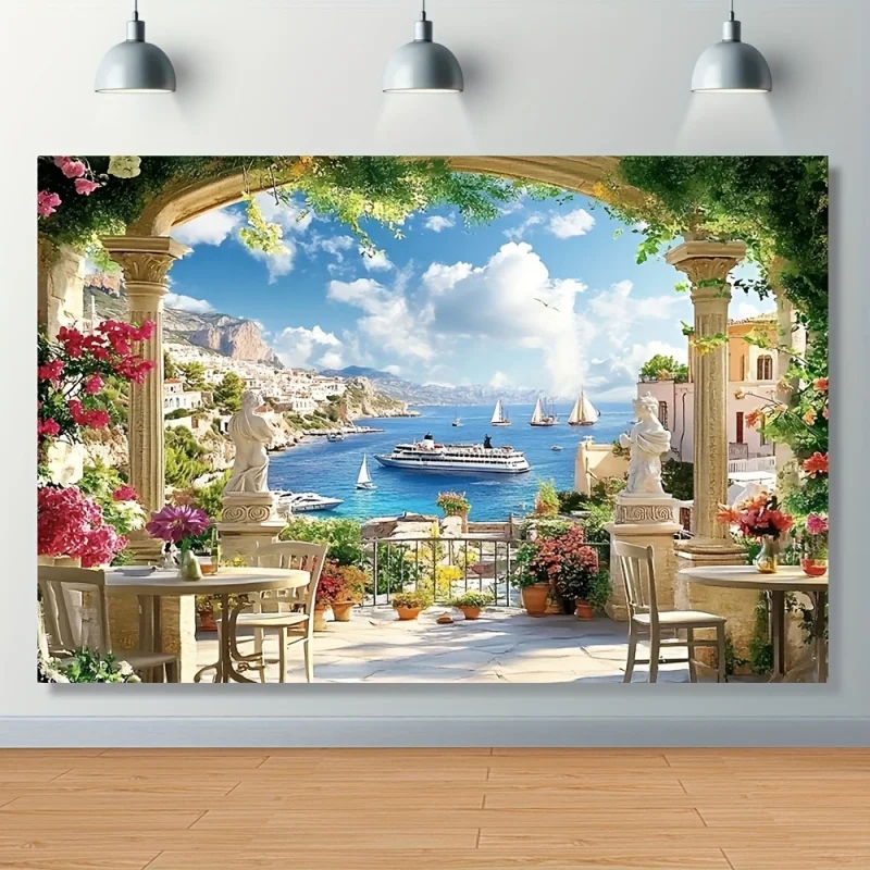 Unique Italian Garden Terrace And Mediterranean Bay Landscape Tapestry For Living Room, Bedroom, And Office Wall Hanging