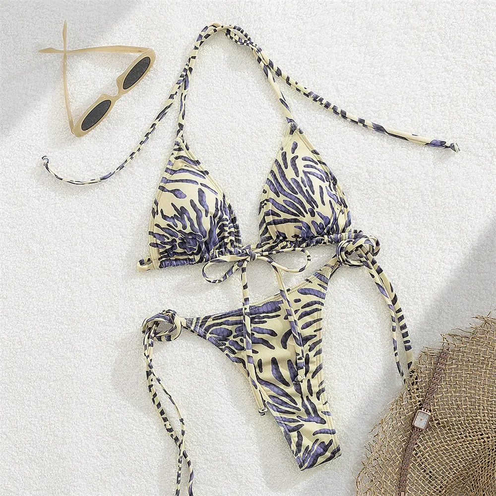 

String Halter Triangle Bikinis Set Micro Thong Sexy Swimsuit Women 2025 Leopard Print Holiday Swimwear Bathing Suit Bikini Mujer