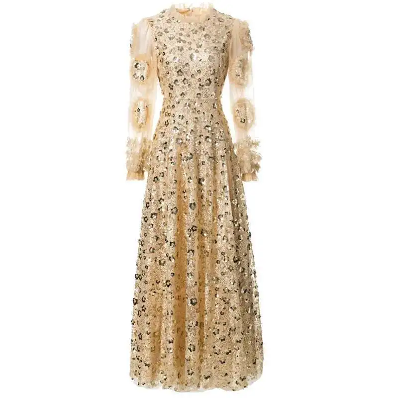 Abiti maxi con paillettes di lusso Donna Estate Autunno Ruffles Manica lunga Maglia pieghettata Tulle Abiti da sera per feste Abito da damigella d'onore