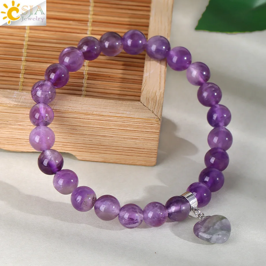 Round Beads Pink Crystal Bracelet for Women Heart Charm Natrual Stone Amethysts Tiger Eye Elastic Bangles Jewelry Gift H543