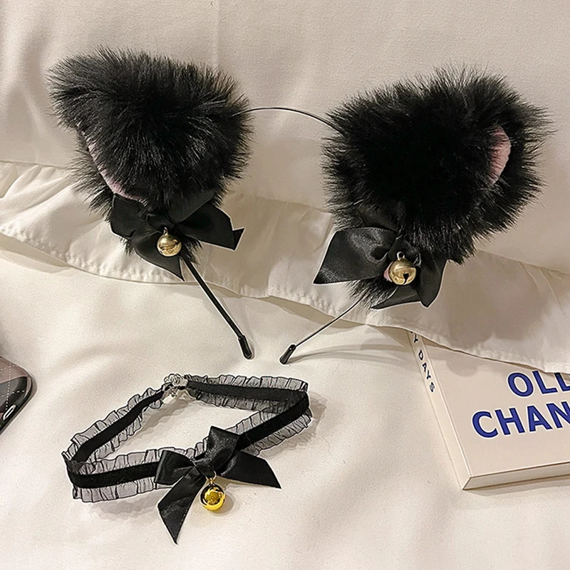 

2Pcs Sexy Cat Ears Women Plush Bell Headband with Bell Heart Neckchain Cosplay Masquerade-Party Costume Hair Accessories