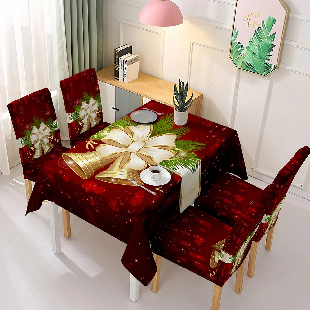 

Christmas Tablecloths Chair Covers Home Dining Table Decorations Santa Claus Bells Printed Home Rectangular Tablecloths Suit