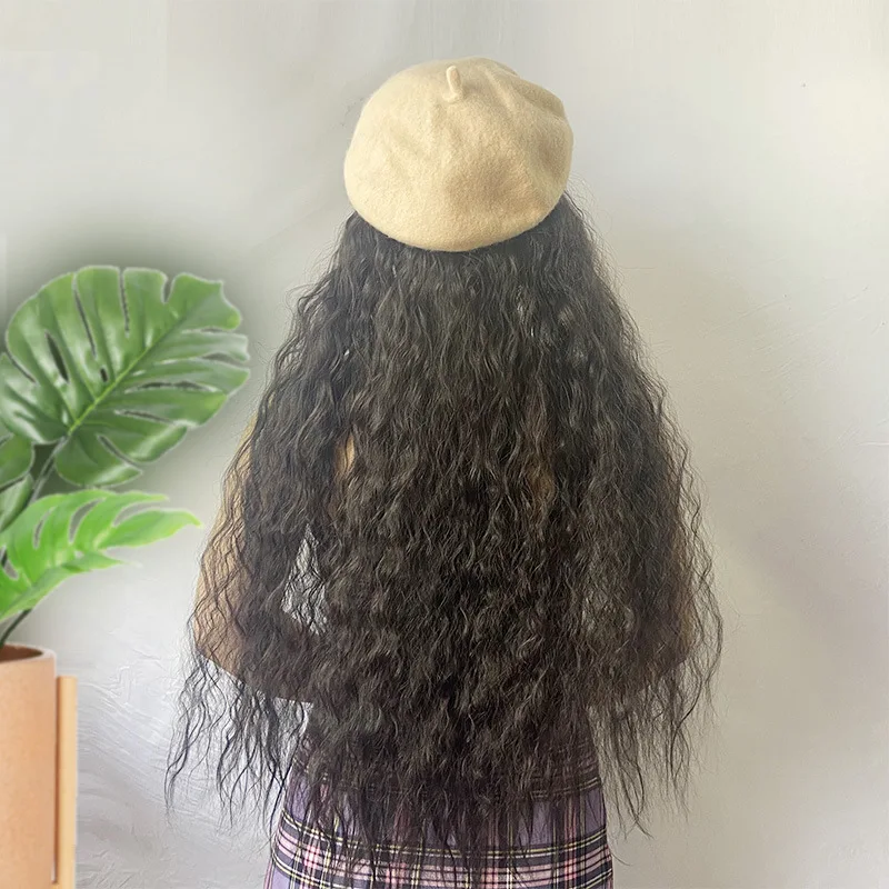 Parrucca Parrucca riccia di lana con cappello a bocciolo di fiore alla moda Stesso stile come quella delle celebrità di Internet Parrucca con cappello staccabile