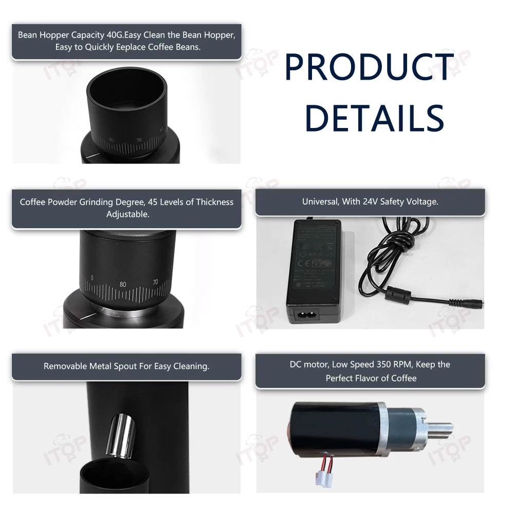 Itoop-مطحنة قهوة مخروطية الشكل بدون نعومة ، قادوس حبوب ، تصميم مسحوق طائر مضاد للساكنة ، CG63 ، 63 ، 40 جم