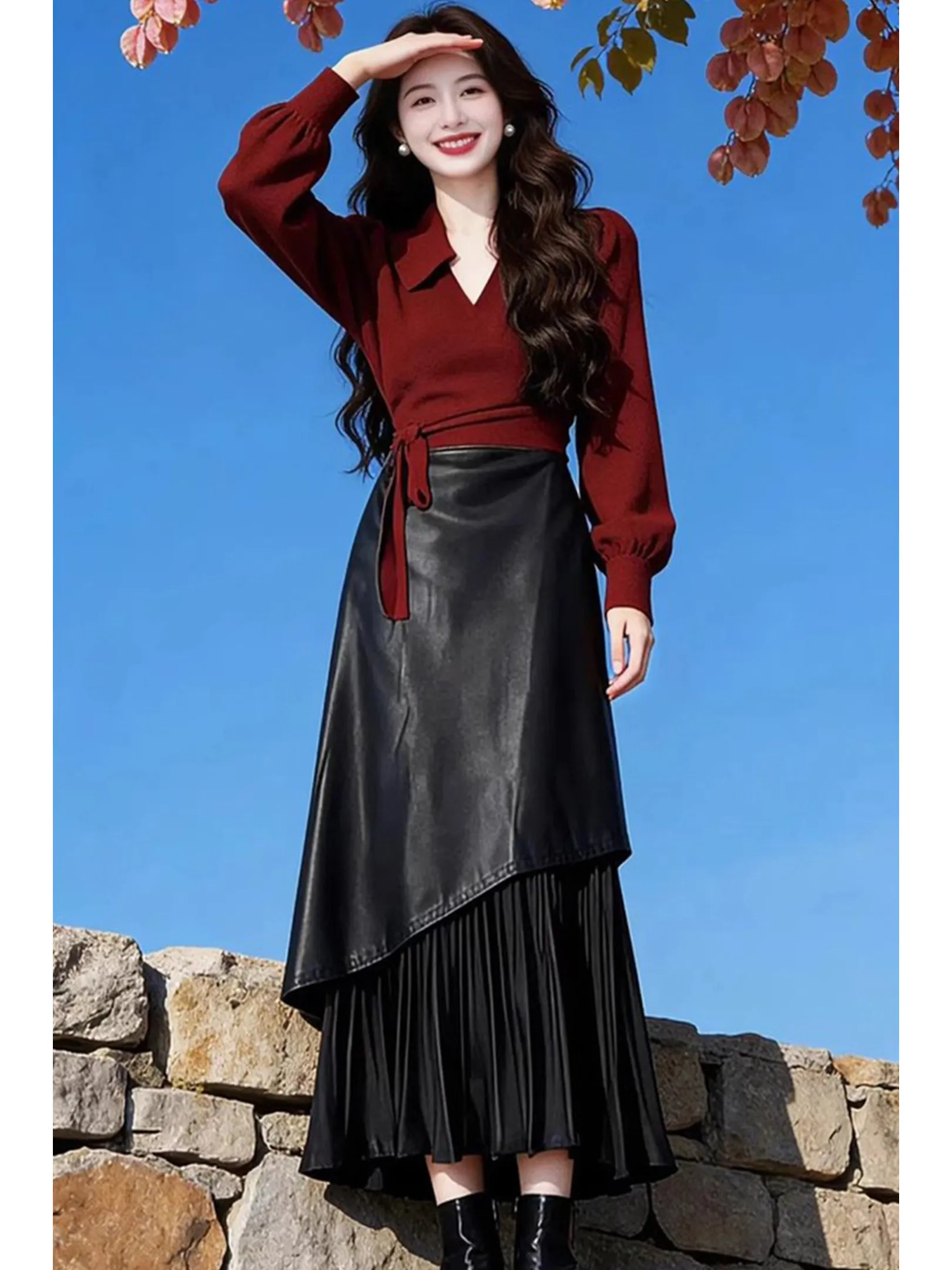 

Spring 2026 Women's Sexy ort Red irt Bla Leather Skirt Set Belted Bubbling Sve High Waist Pure Color Faion Set