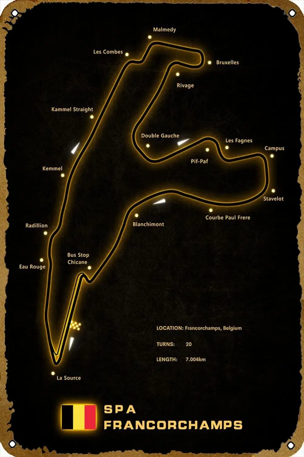 Spa Francorchamps Ретро жестяной знак Прочный Настенный декор, металлический знак для дома, винтажный декор для спальни, знак 8x12 дюймов