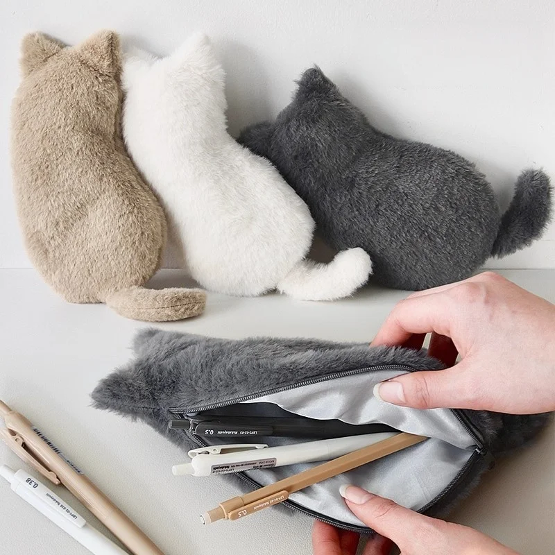 Soft Fluffy Back‑View Cat Plush Pencil Case Large‑capacity Stationery Bag Multi‑purpose Makeup Organizer for School Office